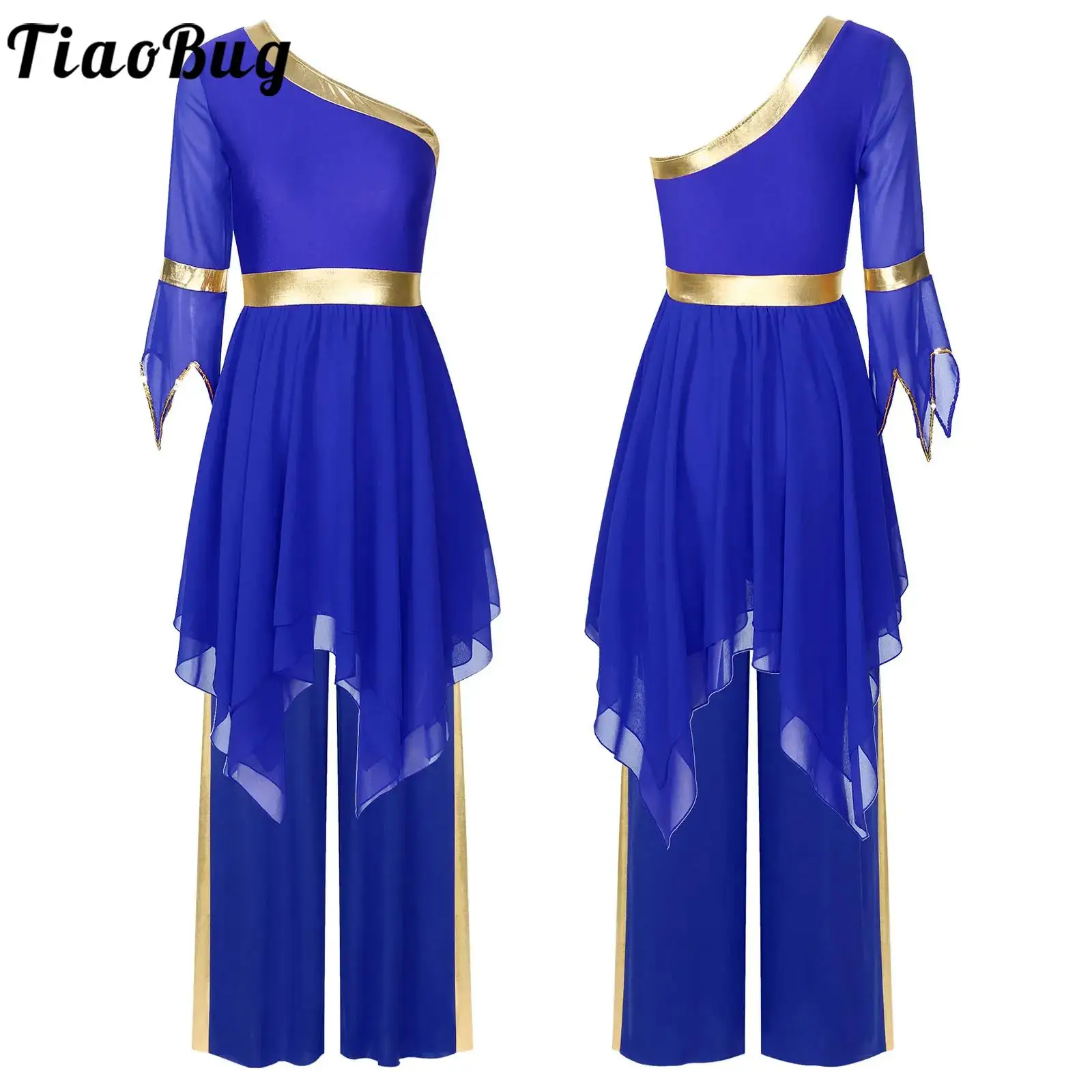 Womens Liturgical Praise Dance Costume Church Choir Worship Outfit Ballroom One Shoulder Flared Sleeve Lyrical Dance Dress+Pants