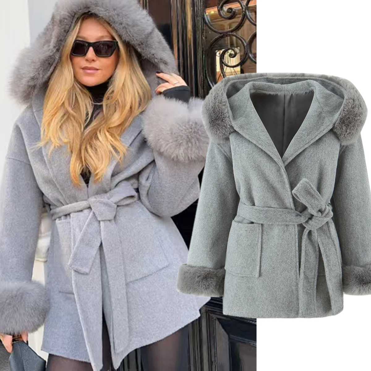 

Maxdutti винтажное свободное зимнее длинное пальто женская куртка женская одежда минималистичное серое пальто с капюшоном и поясом для женщин