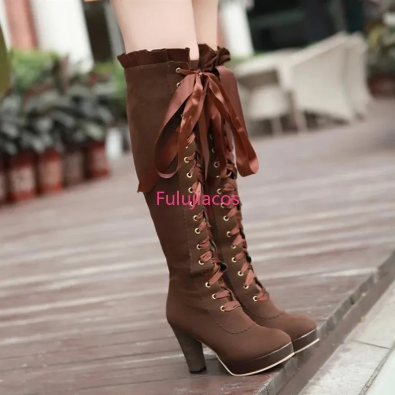 CyLady Boots Rock Shoes Woman Sexy Thigh High Heels High Sexy Lace Up Medieval Gothic Steampunk Retro Style Cosplay Knight Boots