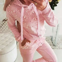 2024 nuove donne abbigliamento rosa bolla perline decorativo maglione con cappuccio Pullover pantaloni della tuta pantaloni vestito Casual 2 pezzi Set