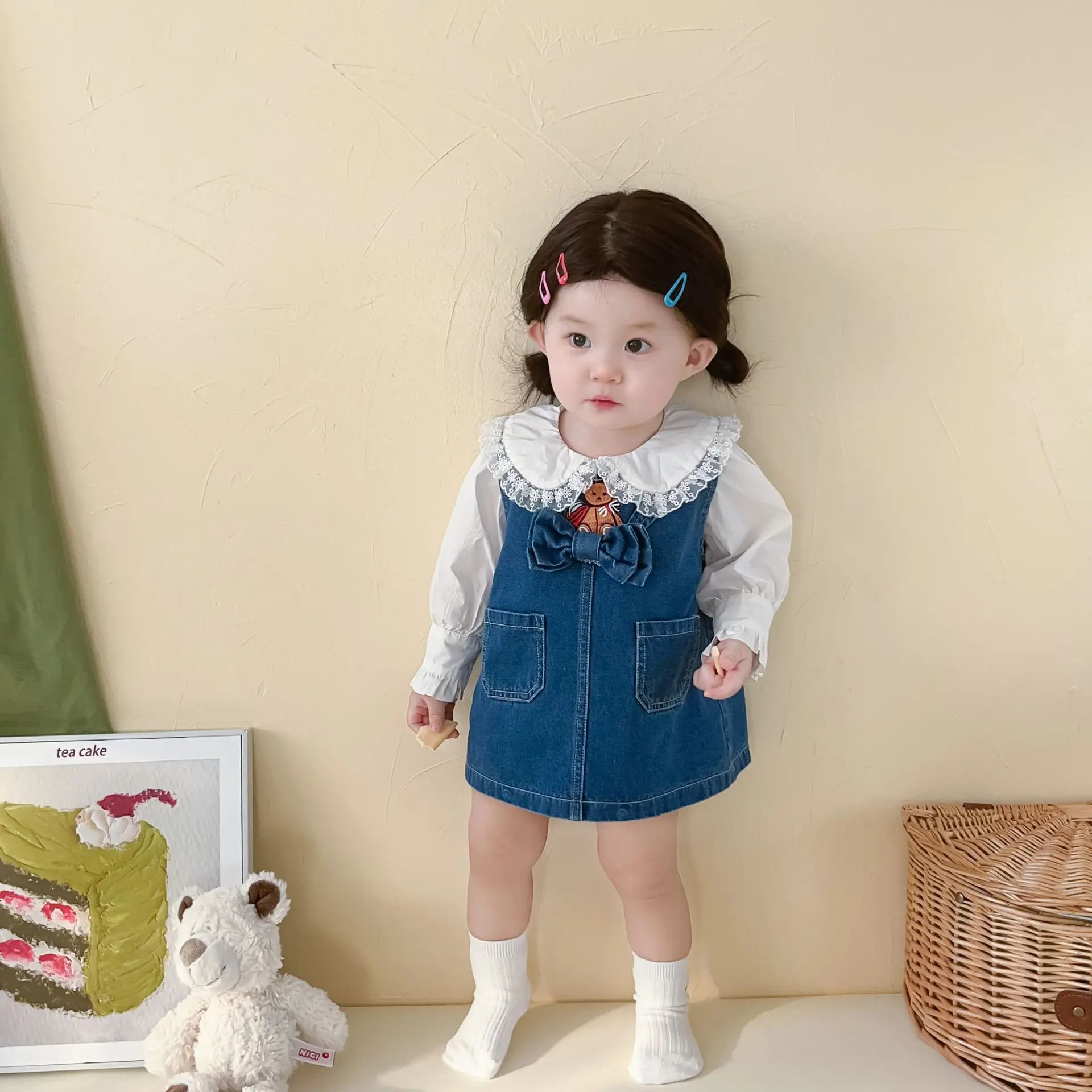 2024 Spring New Girls Clothes Set Baby Lace Shirts Fashion Girls Sleeveless Denim Dress Children Cute Bear Strap Dress Suit