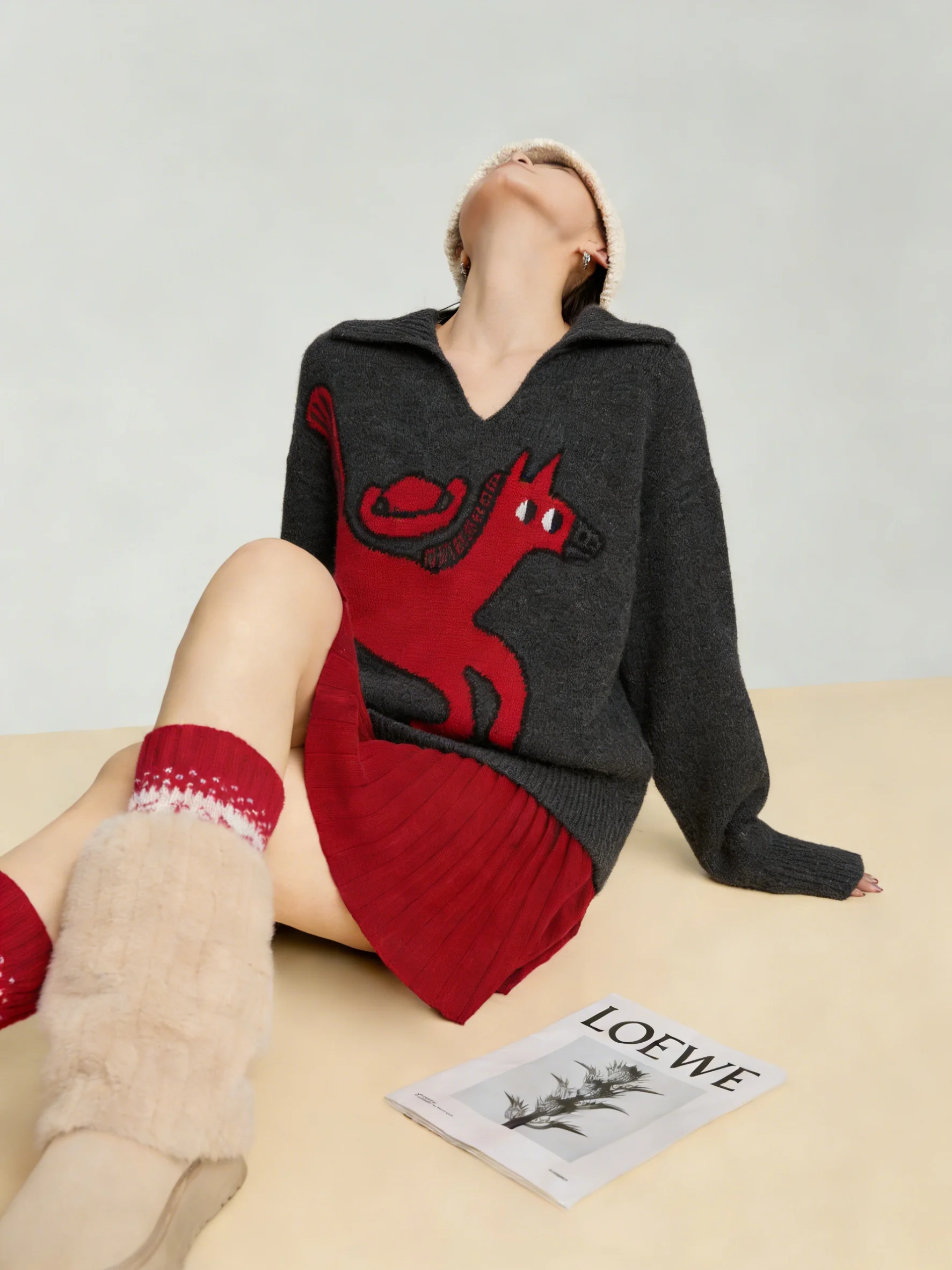 

Deep ey V-Ne Knitted Sweater Embroidery Lazy Sle Winter Faion Women's Loose Fit Long Sve Top for New Year