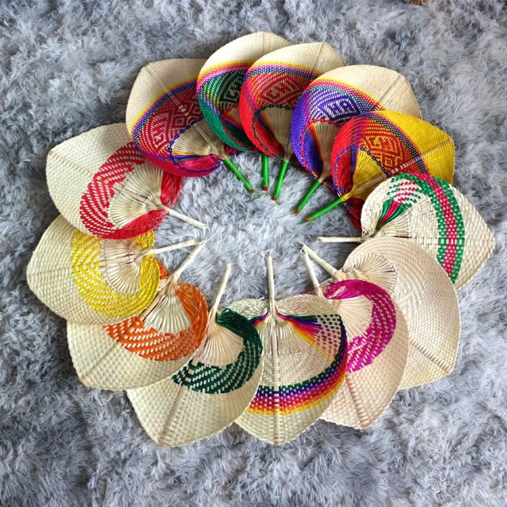 Photography Props Handmade Colorful Bamboo Fan Heart Shaped Bamboo Straw Woven Fans Ethnic Style Natural Hand Fan Outdoor