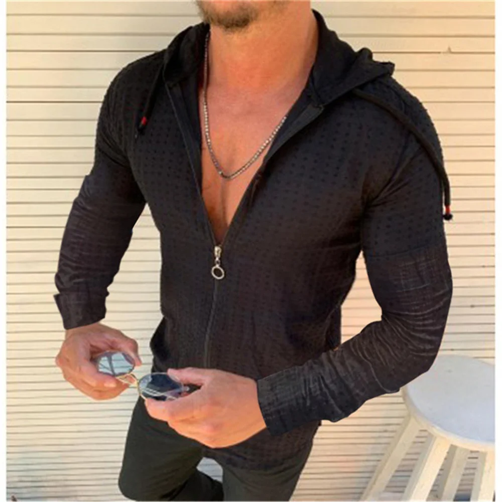 

2024 Spring and Autumn Fashion Men's Daily Long sleeved Zipper Cardigan Solid Color Shirt Beach Thin Vacation Men's Clothing