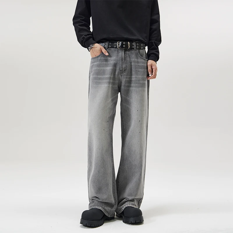 Trendy Straight Tube Bootcut Floor Length Pants Gray Rust Water Splashed Ink Loose Slightly Flared Jeans For Men