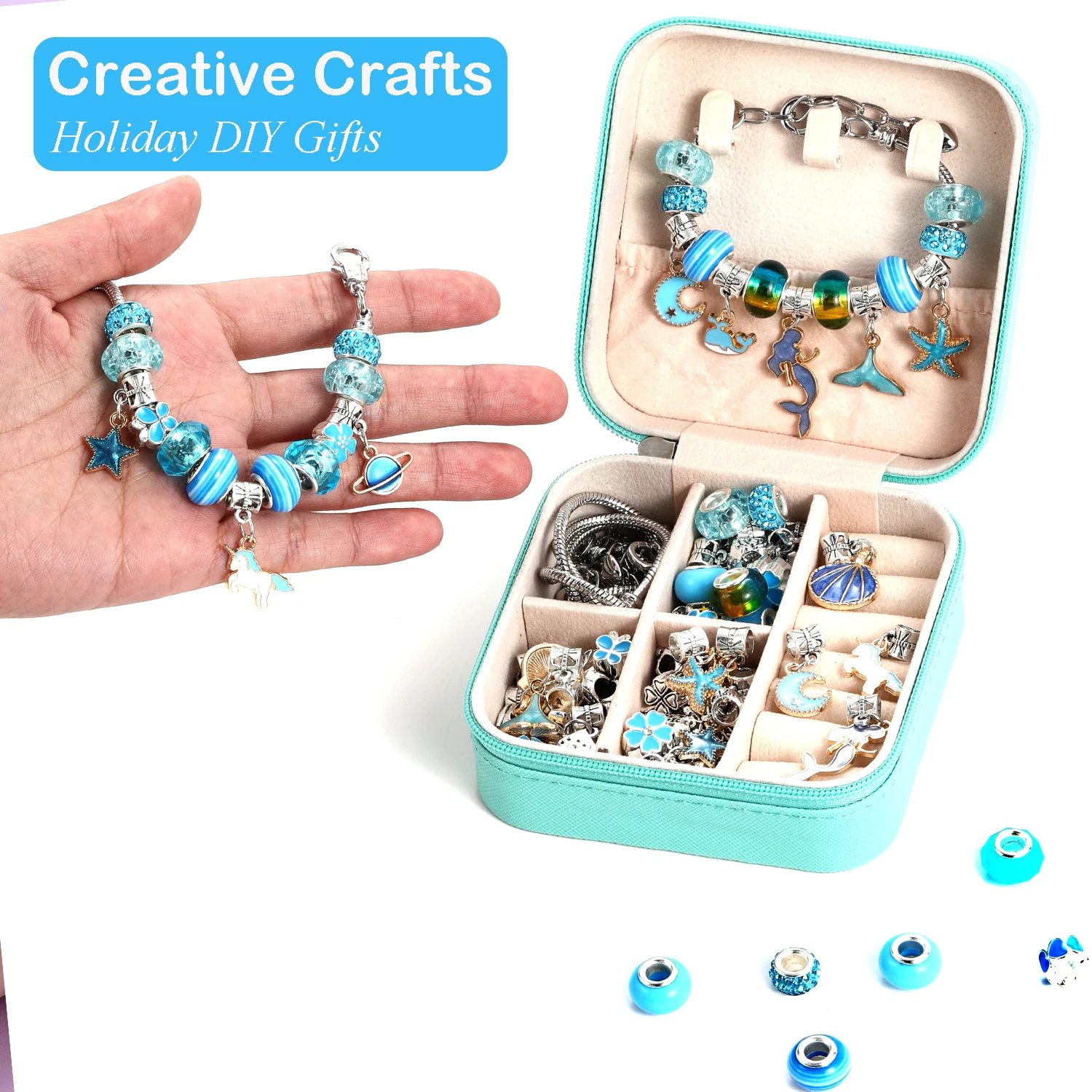68Pcs Blue DIY Beadeds Charms Bracelet Making Kit Bracelet Necklace Making Gift Box Unicorn & Mermaid Series Charms Gifts Set view 5
