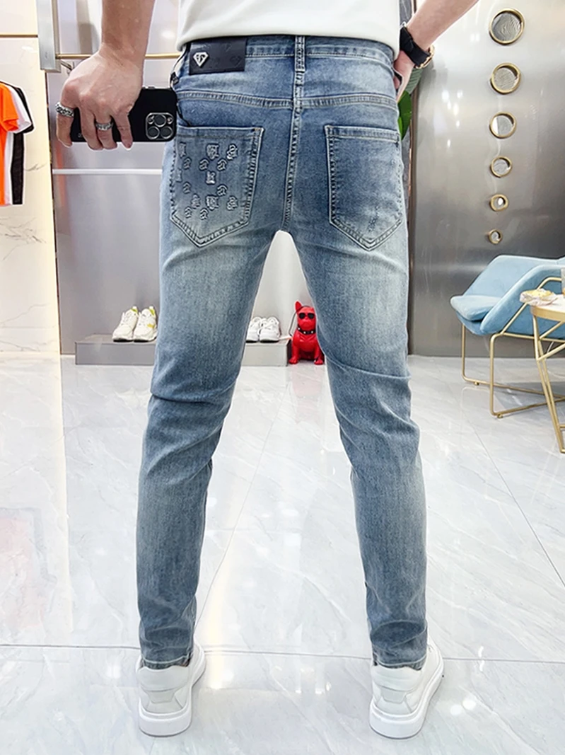 

Summer Men's Slim Fit Faionable Color Korean Sle Casual Jeans Trendy Small Foot Pants Youth ular mid Waist Zipper