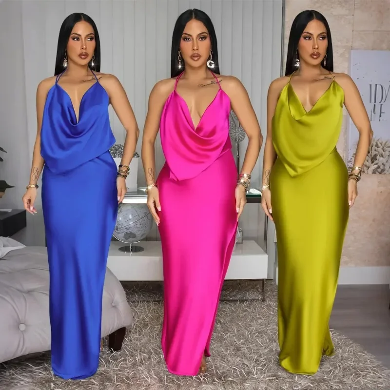 여름 신상 우아한 바디콘 롱 드레스 여성 스파게티 스트랩 슬리브리스 백리스 드레스 여성 미드나잇 클럽웨어 베스티도스