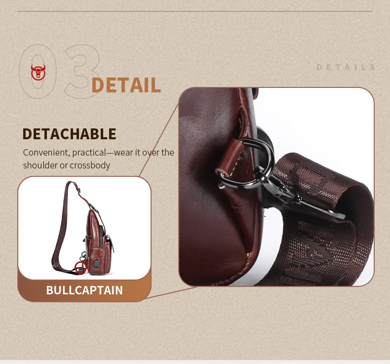 BULLCAPTAIN Echtleder Sling-Rucksack für Herren USB-Ladeanschluss Brusttasche Crossbody Schultertasche Lässiger Tagesrucksack für Arbeit und Reisen – Detail 12