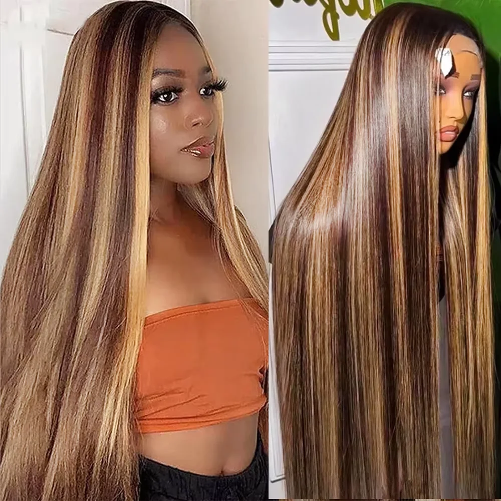 220 Dichte P4/27 Highlight Full Frontal Lace Vorgezupfte Farbige Glatte Frontal Perücke 46 Zoll HD Transparente Lace Echthaar Perücke