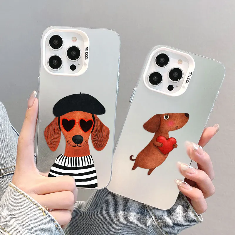 

Laser Phone Case For iPhone 14 15 Pro Max Plus 11 12 13 Mini Pro Max 16 17 Pro Max Minimalist Brown Dachshund Pattern Back Cover