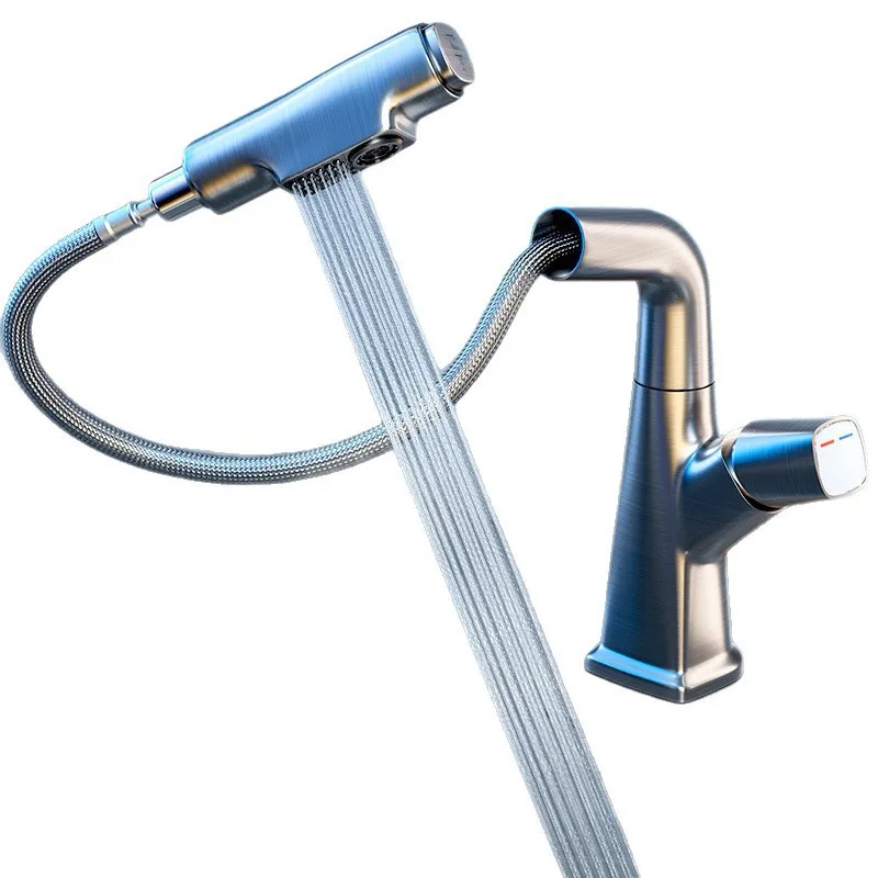 Brass Pull Out Basin Faucet - Lift & 360° Swivel Hot Cold Tap for Bathroom Sink Vanity