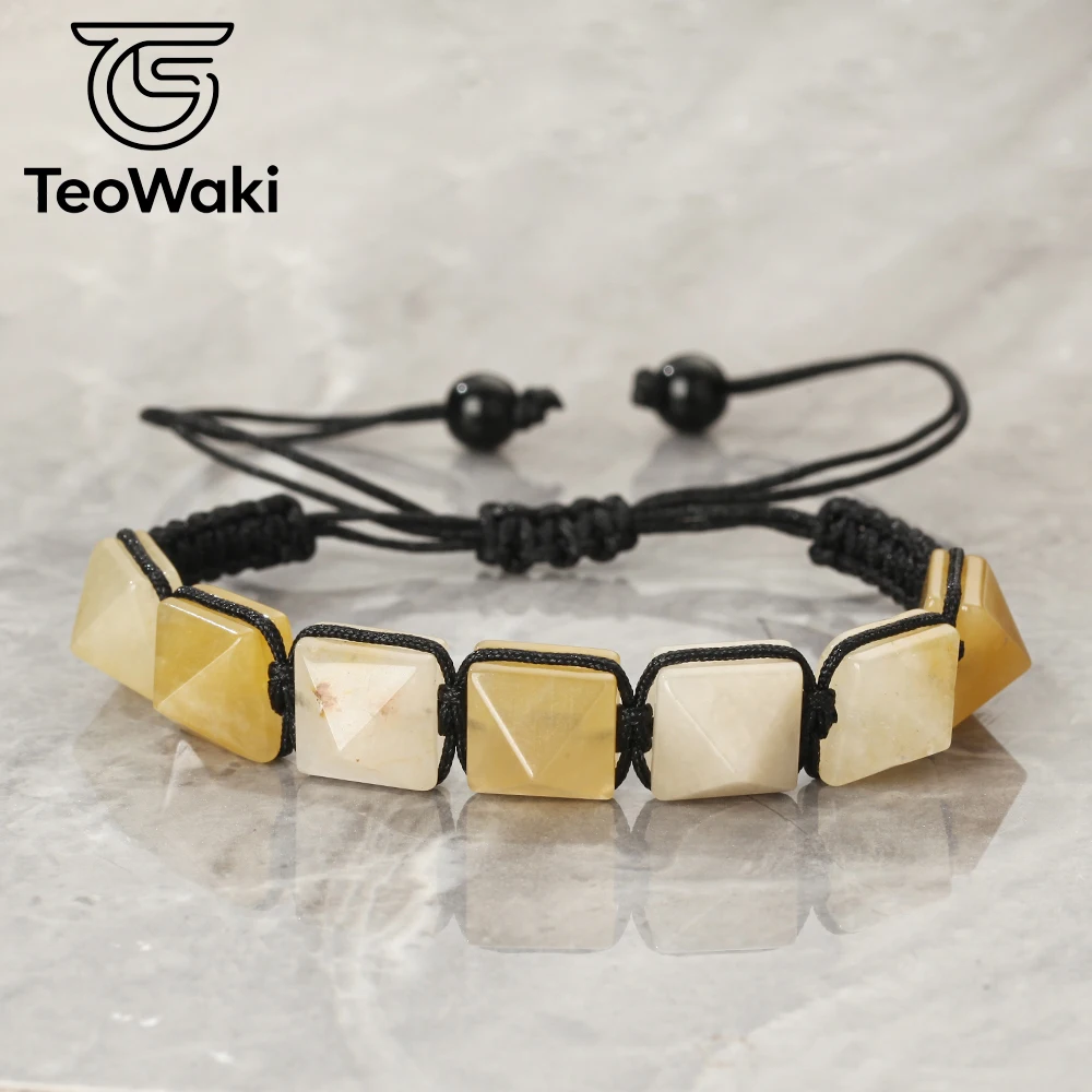 TeoWaki Natural Yellow Jades Pyramid Beads Braided Bracelet Adjustable Geometric Square Stone Bracelet Fashion Jewelry 14+8cm