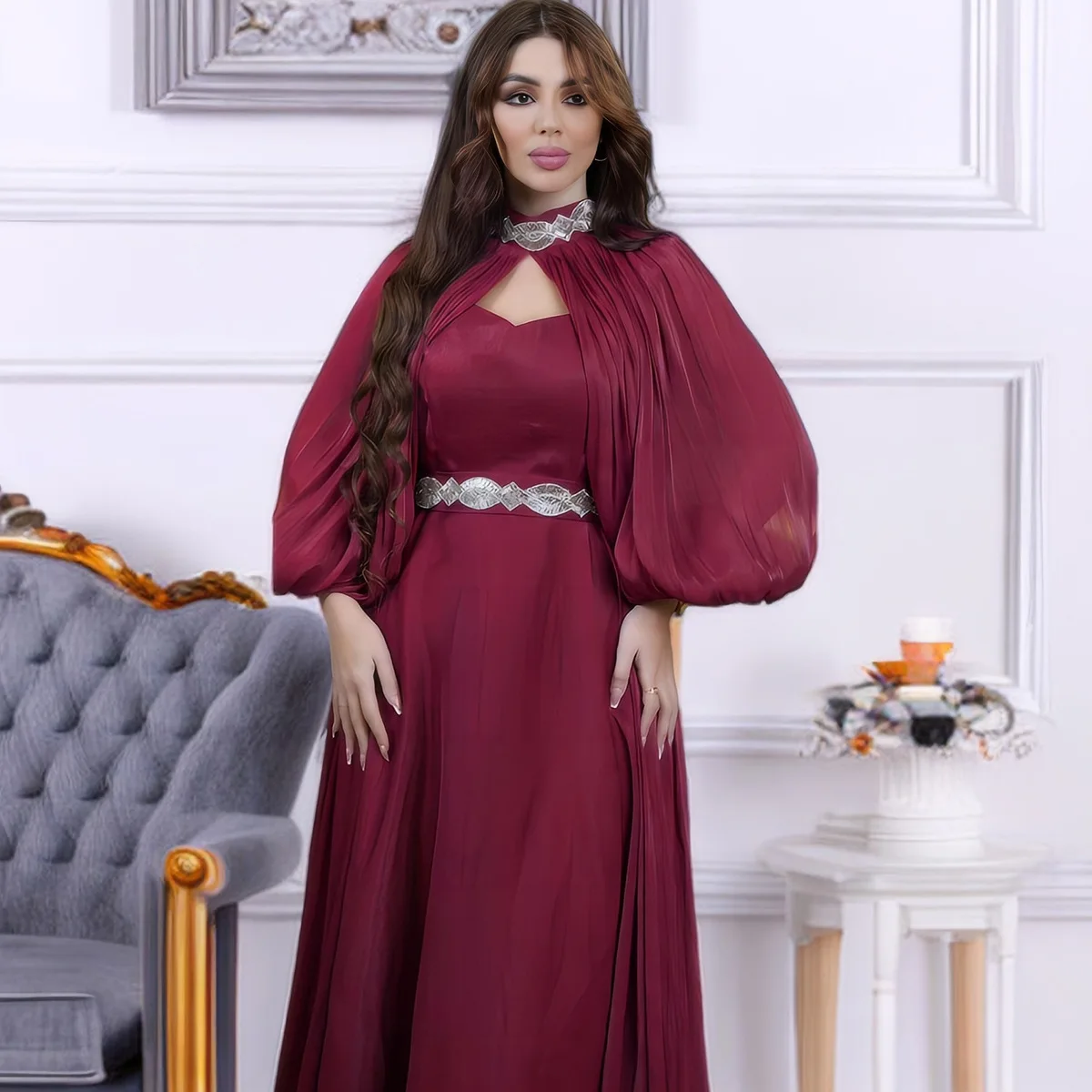 3823 Muslim Fashion Women's Waist Strap Big Sleeve Cloak Long Sleeve Two Piece Dress Set