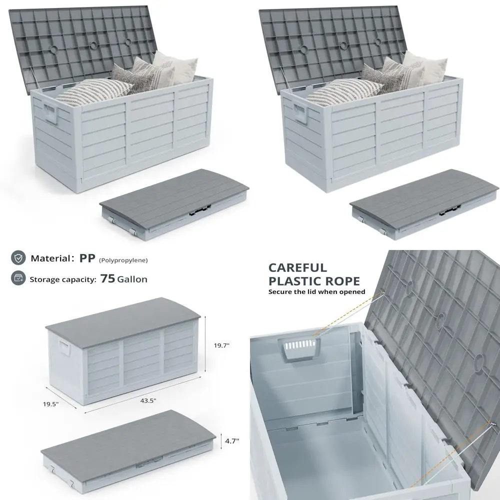 

Gray 75 Gallon Outdoor Storage Box with Lid for Patio, Deck, Garden, Pool, and Yard