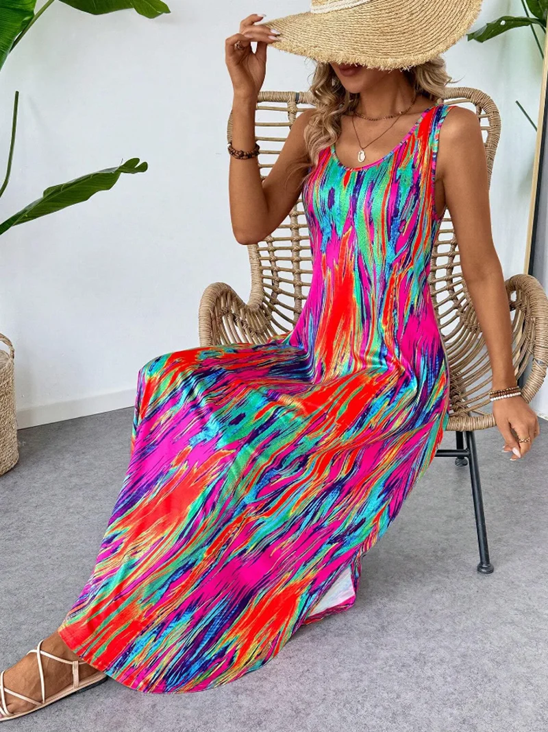 Sommer-Damen-Kleid mit Blumendruck, ärmellos, figurbetont – schmal geschnittenes Sommerkleid mit Taschen, sexy, lässiges Strand-Maxikleid mit hohem Schlitz