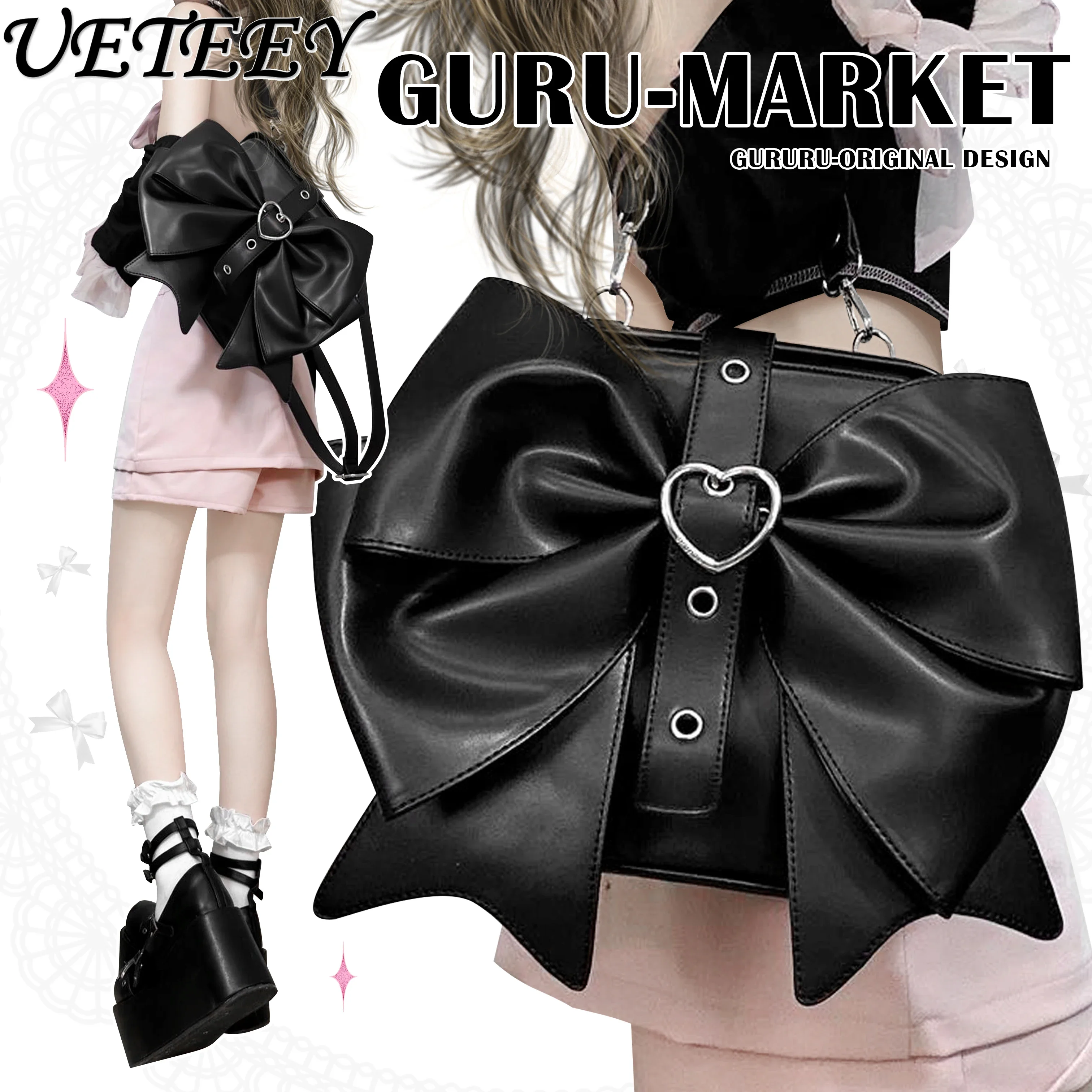 Japanese Original Sweet Kawaii Big Bow Backpack Women Fashion Versatile Black Backpacks Handbag for Girls Students Bags