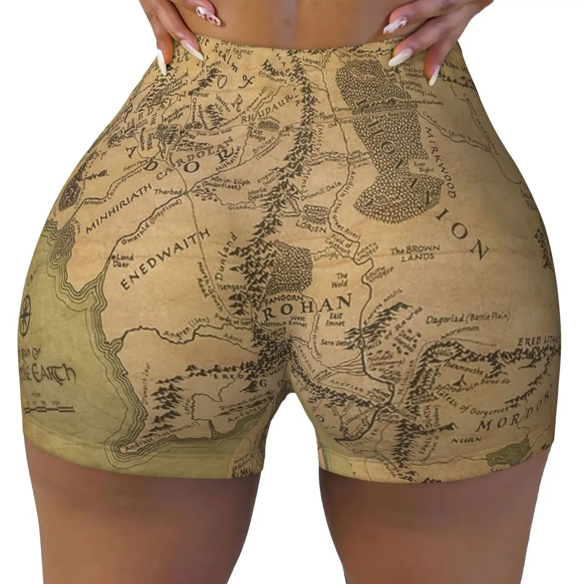 Pantalones cortos de yoga con mapa "Lord's Ring" personalizados para mujer, entrenamiento de gimnasio, correr, pantalones cortos atléticos de motociclista de voleibol