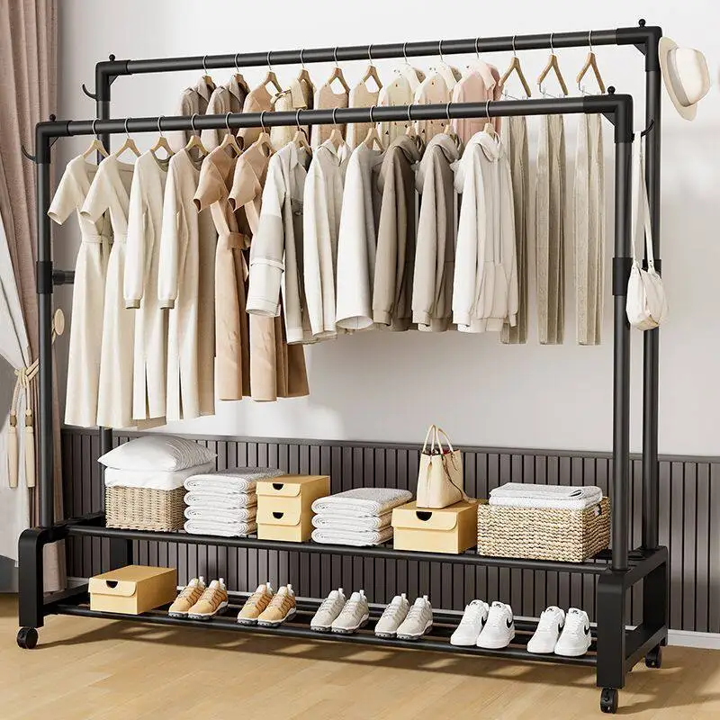 Black Double Rod Rolling Garment Rack Storage Shelves Clothes hanger with Wheels Large Capacity Organizer Bedroom Apartment Home
