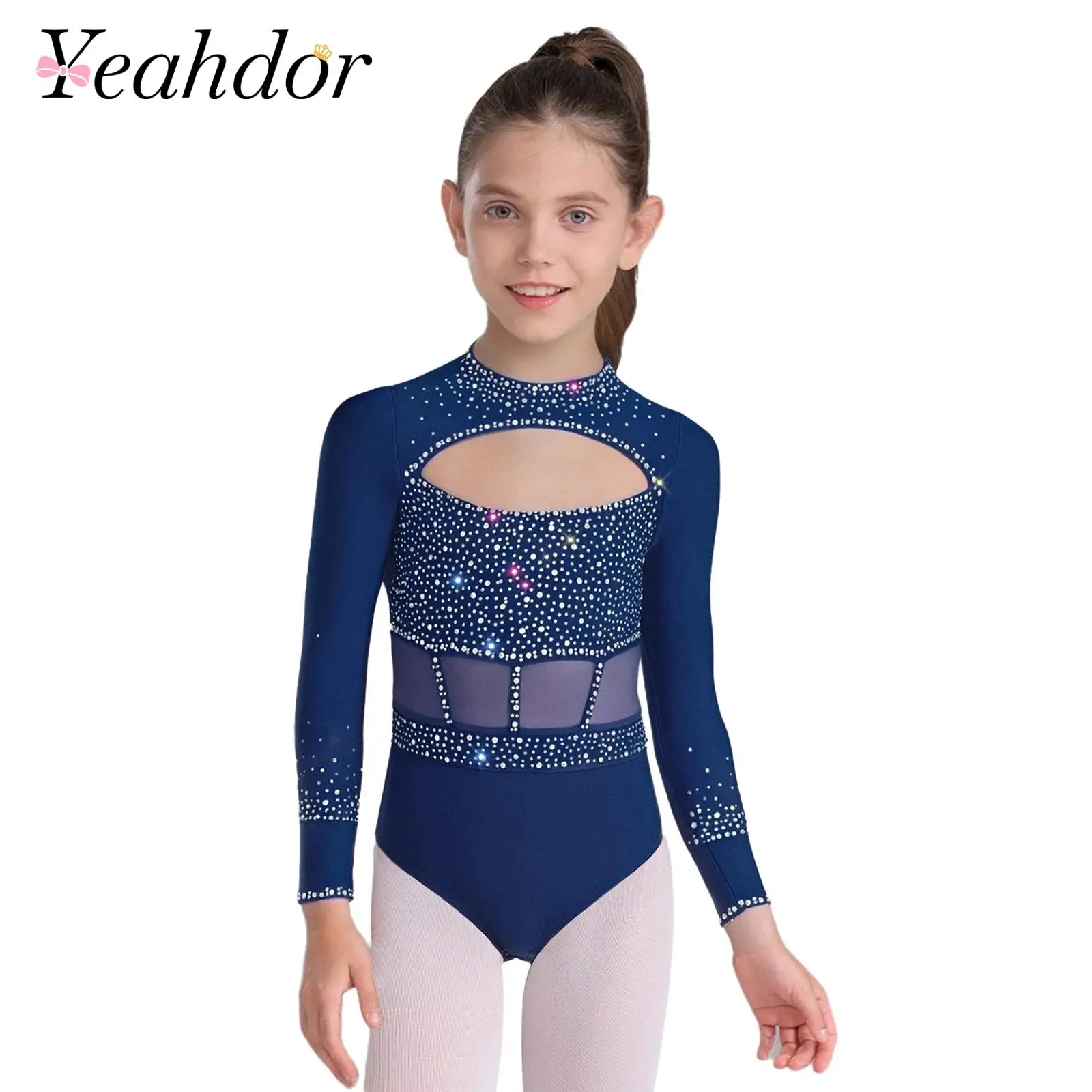 Kids Girls Rhinestones Ballet Gymnastics Dance Leotard Teens Long Sleeve Back Cutout Front Bodysuit for Ice Skating Jumpsuit