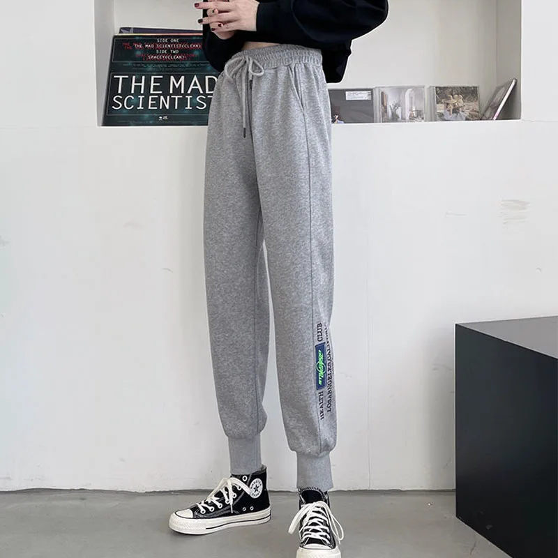 Autumn Winter Fleece Korean Fashion Solid Harem Trousers Women\'s Clothing High Waist Casual Drawstring Embroidery Sports Pants