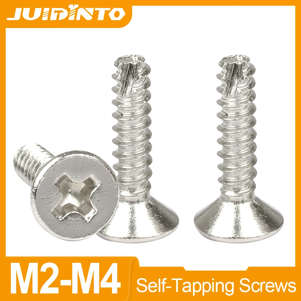 JIUDINTO 40-100pcs Cross Self Tapping Screw M2 M2.3 M2.6 M3 M4 Nickel Plated Flat Head Cutting Tail Phillips Self-tapping Screw