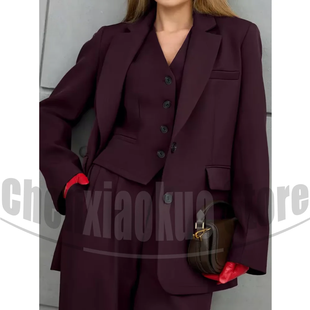 

Women's Burgundy 3 Piece Suit Blazer Vest Wide Leg Pants Set Formal Office Wear Slim Fit Single Breasted Long Sleeves Suits