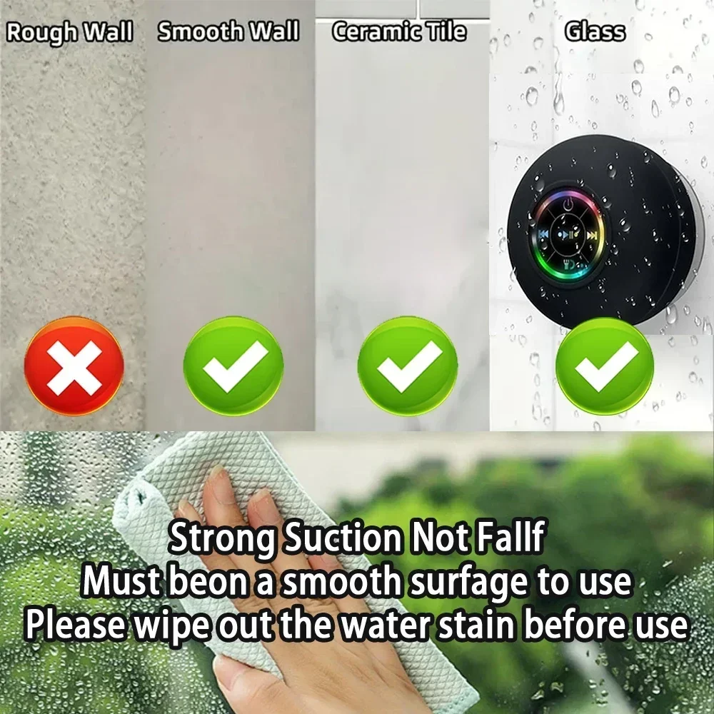Mini Stereo Sound Speaker LED IPX4 Waterproof Loudspeaker Portable Wireless Bluetooth Speaker Outdoor Bathroom Large Suction Cup