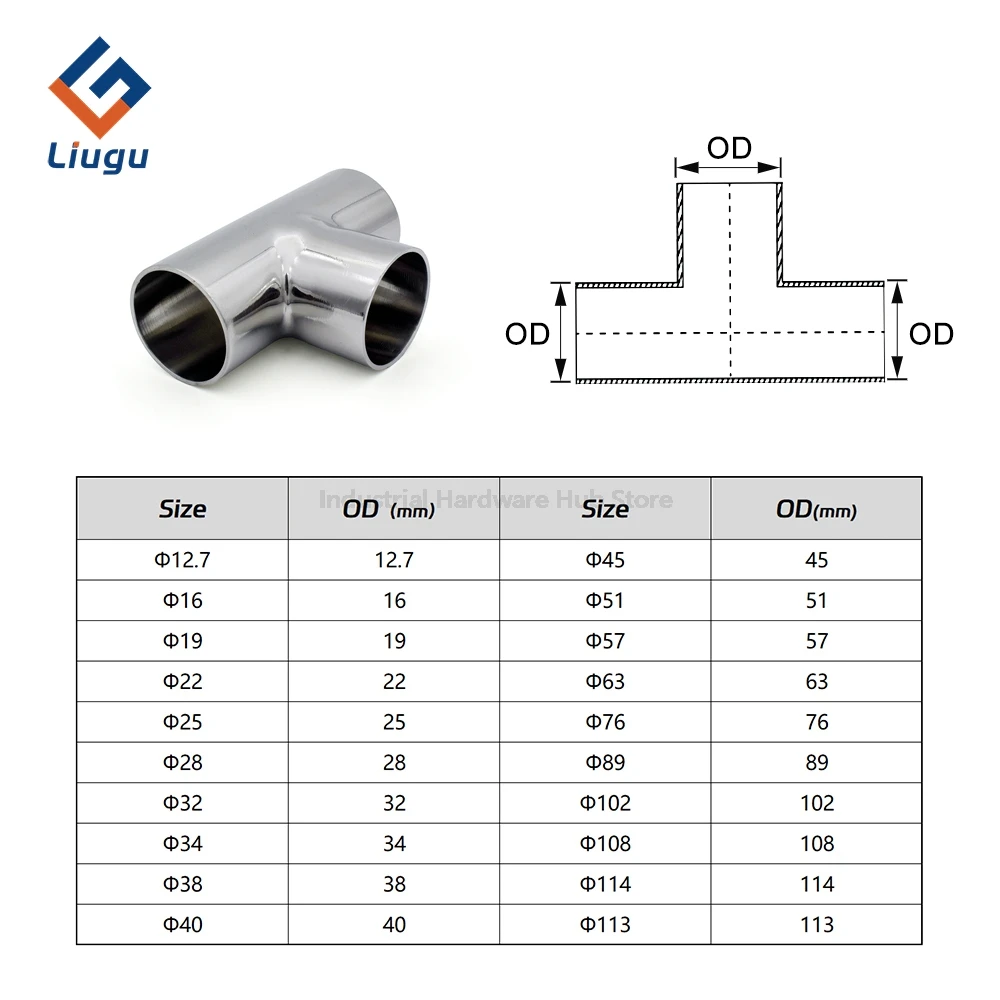 Butt Weld Tee Equal Diameter T-Type 304/316 Stainless Steel Sanitary Grade  Polished Pipe Fitting, OD 19/25/32/38/45/51/57/63mm