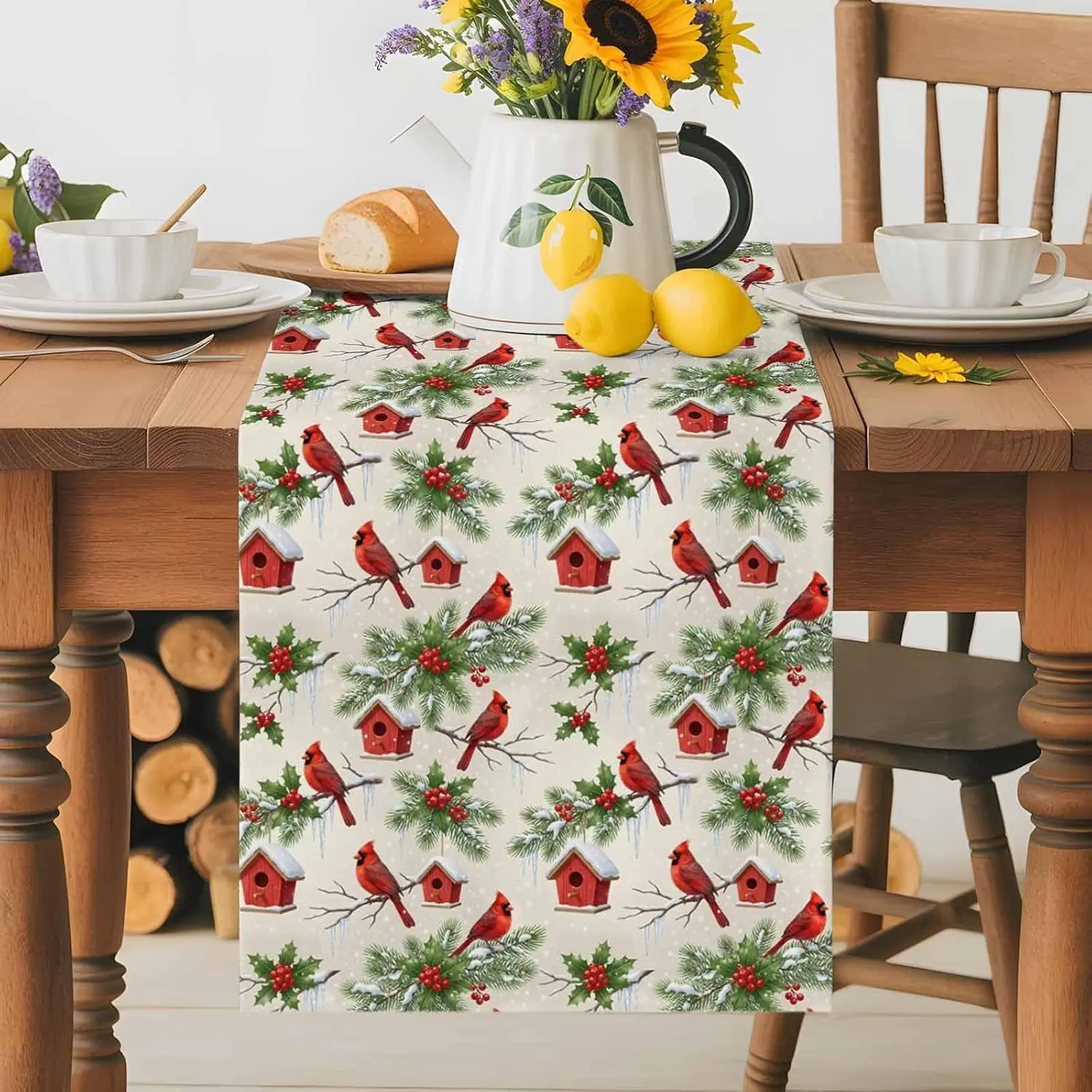 Merry Christmas Cardinal Holly Berry Linen Table Runner Home Decor Winter Xmas Plaid Kitchen Dining Table Runner Christmas Decor