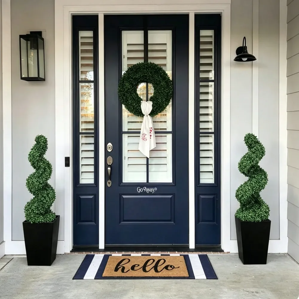 

Искусственные спиральные топиарии 3-4 фута, комплект из 2 штук, устойчивые к УФ-излучению, из искусственного боксуса, с большими черными кашпо для улицы и помещений