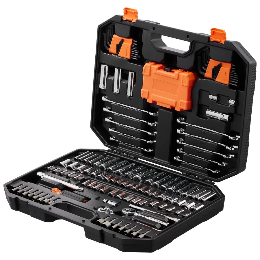 

145-Piece Mechanic Tool Set with 1/4 and 3/8 Drive Deep and Standard Sockets SAE and Metric Combination Wrench Hex Wrenches Scr