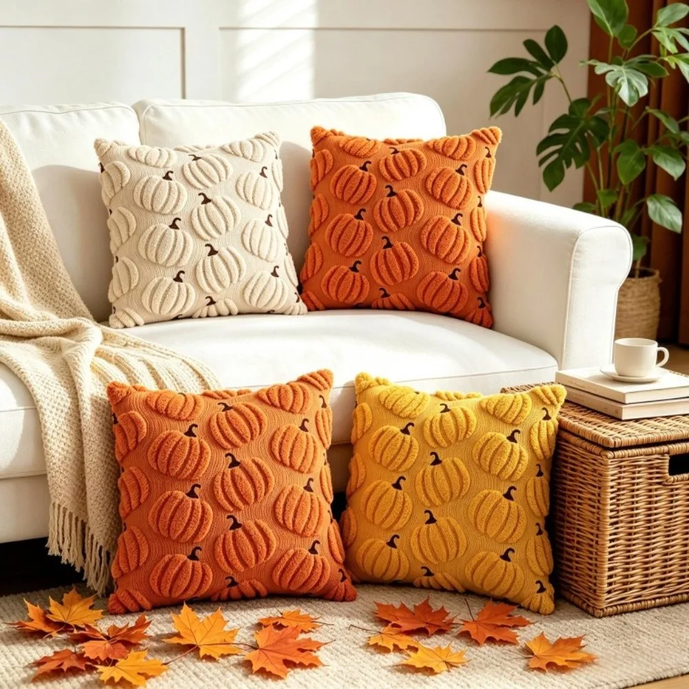 New Pumpkin Pattern Plushie Pillow Cases Square Shape 18x18inch Holiday Pillow Cover Washable Cushion Cover Holiday Decor