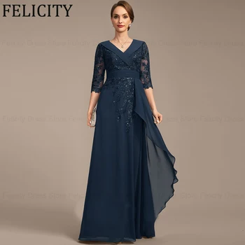 FELICITY 절묘한 신부 어머니 원피스, A 라인 V넥 웨딩 하객 드레스, 아플리케 스팽글 바닥 길이 이브닝 가운, 2024 