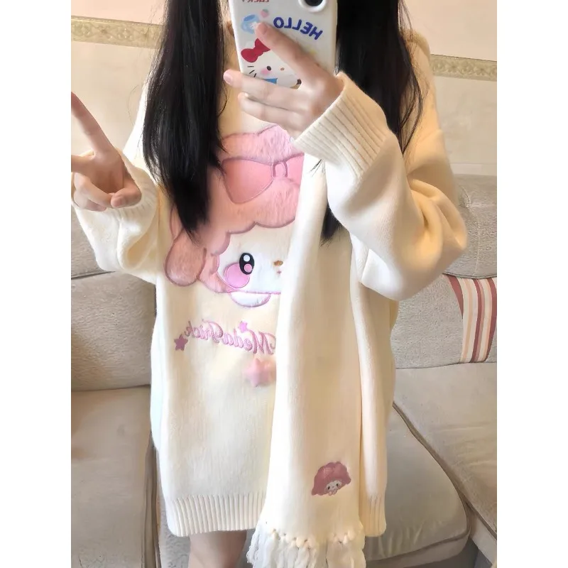 My Melody Printed Sweater Set Women's Scarf Kawaii Sweet Knit Sweater Cute Outerwear Loose Cartoon Two-piece Set Plush Gift