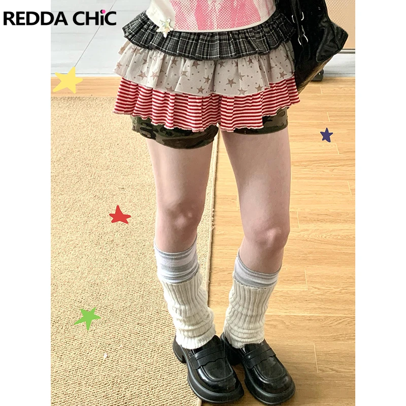 

ReddaChic летняя многослойная женская юбка-тортик в клетку в стиле ретро, в полоску со звездами и эластичной резинкой на талии, с рюшами, пышная мини-юбка Y2k, одежда