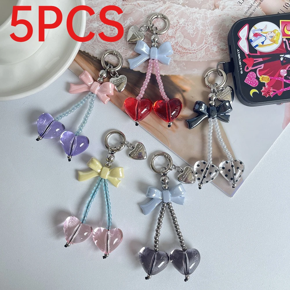 5Pcs Korean Style Bow Heart Cherry Sweet Romantic Elegant Phone Bag Charm Keychain