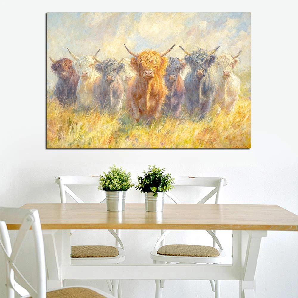 

Farm Animal Scottish Highland Cow Painting Warm Grassland Landscape Picture Wall Art Poster Room Interior Decor Canvas Print