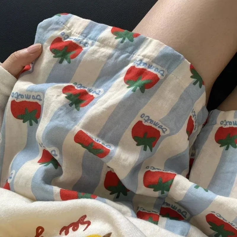 Women Summer Cartoon Print Striped Sleep Shorts Thin Lightweight Casual Home Pants Loose Outdoor Wear Lounge Short Trousers