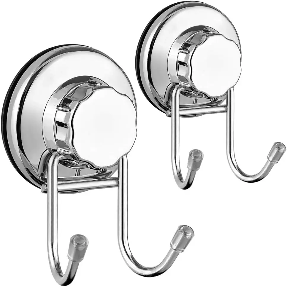 

Stainless Steel Double Suction Hooks for Towels, Robes, and Kitchen Tools, Heavy Duty 20lbs, No Damage Twist & Fix, 2 Pack