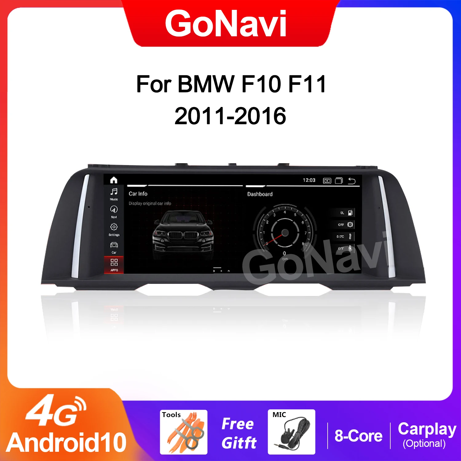 

GoNavi Android System Car Multimedia Player For BMW F10 F11 WIFI SIM 8 Core 4+64GB IPS Touch Screen Stereo DSP Carplay GPS Radio