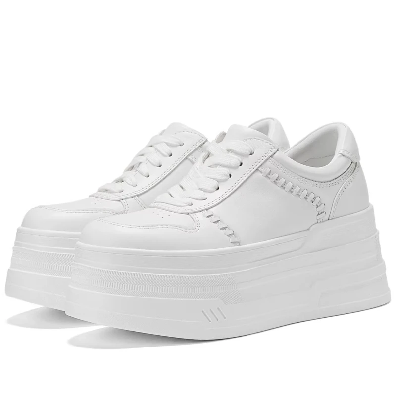 Fashionable White Shoes for Women's Comfortable Thick Sole Height Increasing Shoes Genuine Leather Breathable Casual Board Shoes