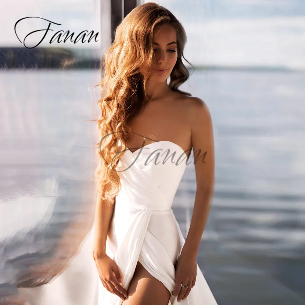 Personalizado simples sem alças frente alta divisão a linha vestidos de casamento sem costas cetim varredura trem vestido de noiva сudenдебное пла coi robe