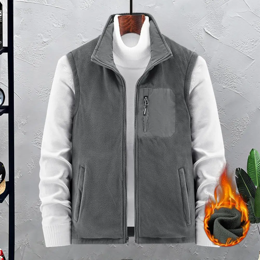 Men Autumn Winter Vest Coat Lapel Sleeveless Zipper Waistcoat Double Side Wear Fleece Lining Outwear Fishing Vest Jacket