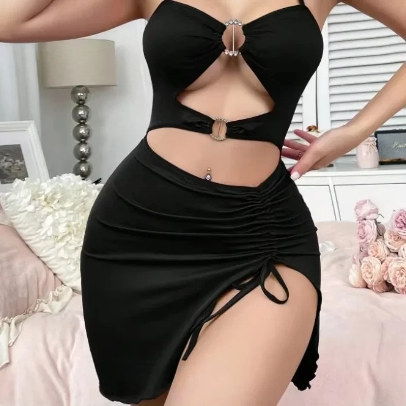 Pure Desire-vestido Sexy con tirantes y cuello en V para mujer, falda corta envuelta en la cadera, sin espalda, única, elegante, de verano