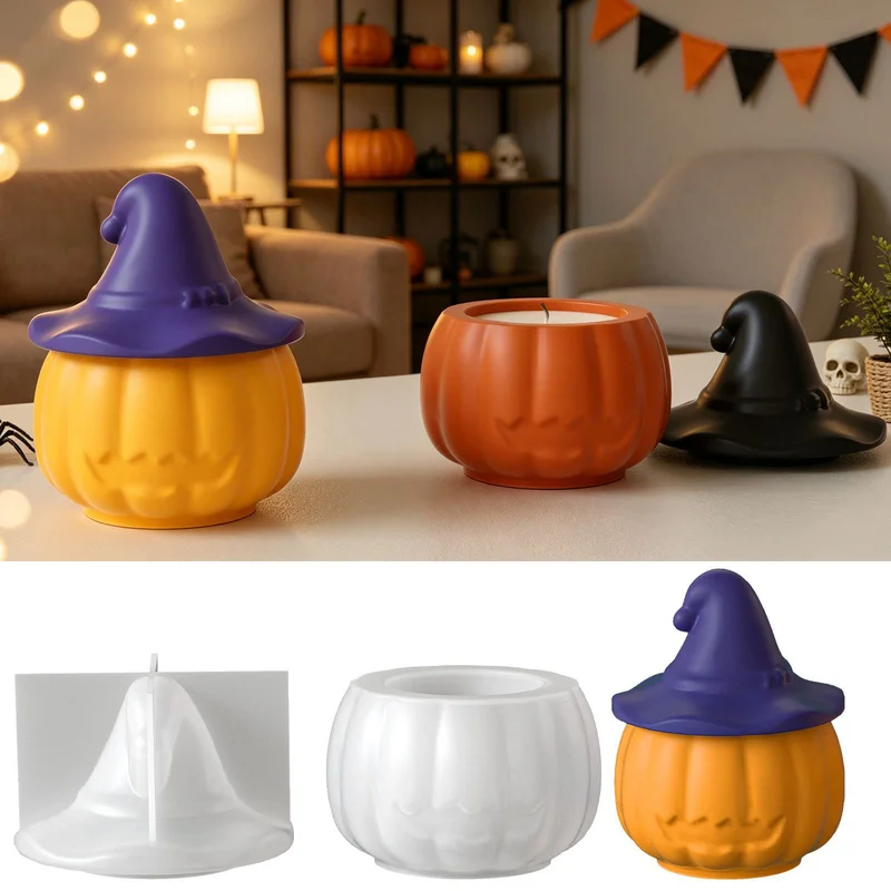 2Set of ghost wizard hat pumpkin storage jar silicone molds，Halloween pumpkin candle cup plaster mold，Suitable for candle holder