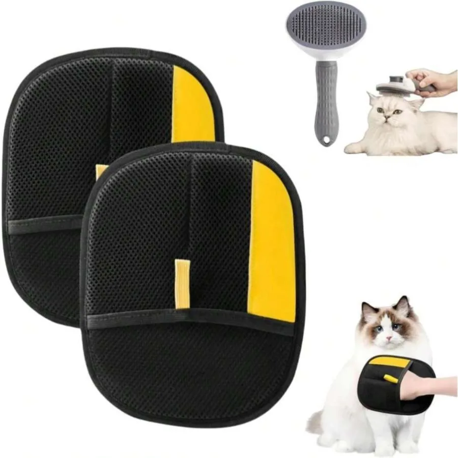 

【New Arrival】2 Pack Pet Grooming Gloves with Slicker Brush, Breathable Mesh Grooming Mitt + Self-Cleaning Cat Brush for Dogs Cats, Deshedding Massage Tool
