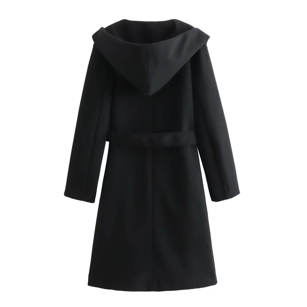 PB&ZA 2023 Autumn and Winter New Women\'s Fashion and Temperament Mid Length Belt Loose Coat Hooded Woolen Coat