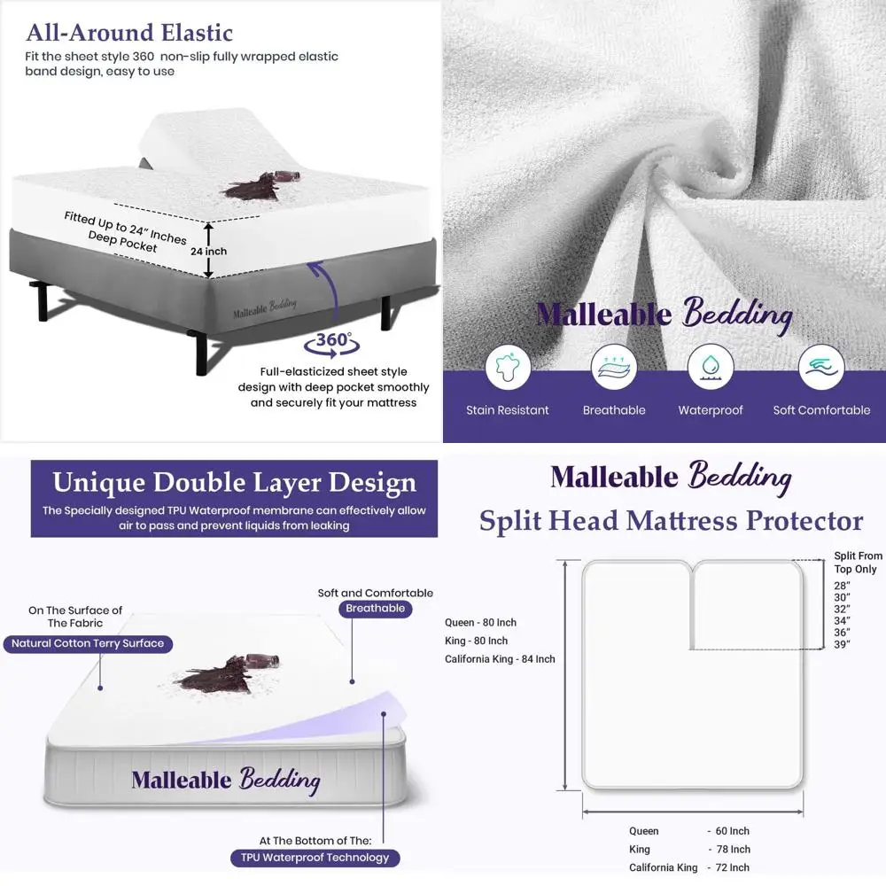 

Adjustable Split California King Mattress Protector, 100% Cotton, Fits 24 Pocket