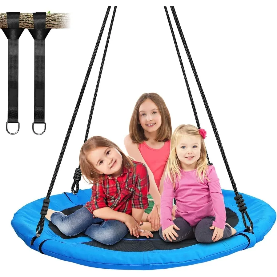 

700lb 40 Inch Saucer Tree Swing 900D Oxford Waterproof 2pcs Hanging Straps Steel Frame Adjustable Ropes Blue